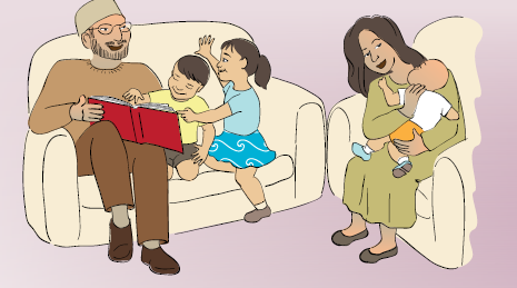 An illustration of a family with young children spending time reading together.