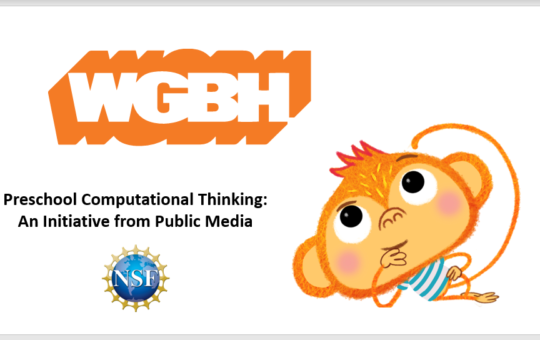 WGBH station logo, Preschool Computational Thinking: An Initiative from Public Media, cartoon monkey leaning on his hand on his chin.