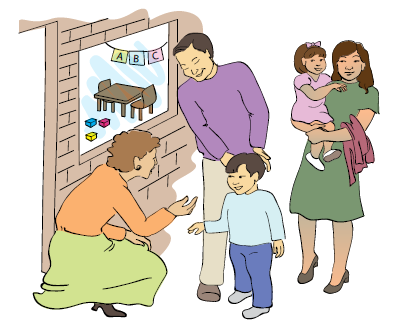 Illustration of a family and their young child meeting a new teacher.