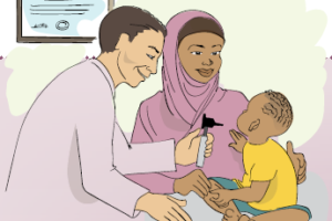 Illustration of a mother with her young child at a doctor's visit.