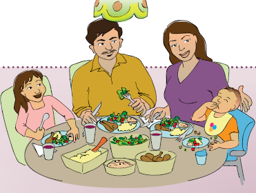 An illustration of a family with young children sharing a healthy dinner together.