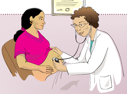 An illustration of a doctor listening for the baby's heartbeat during a prenatal checkup for a pregnant woman.