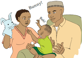 A mom and dad uses a bunny puppet to help their toddler learn new words.