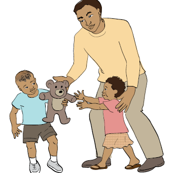 An illustration of a father helping his young children learn to share a teddy bear.