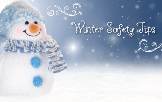 Winter Safety Tips, with an image of a smiling snowman wearing a scarf.