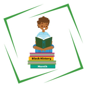 Illustration of a boy who is reading and sitting on a stack of black history month books