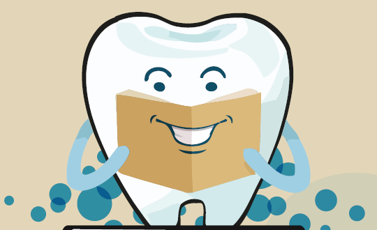 Illustration of a smiling cartoon tooth reading a book