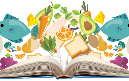 graphic of healthy food like fish, vegetables and fruits coming up from an open book