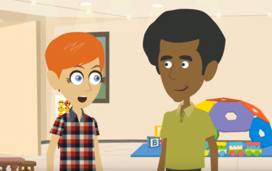 Animated picture of woman teacher talking with male parent