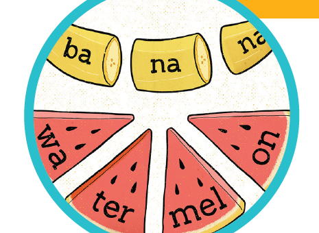Illustration of a banana with the word spelled out and a watermelon with the word spelled out.