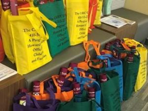 Resources for children's mental health awareness week are lined up in colorful bags.