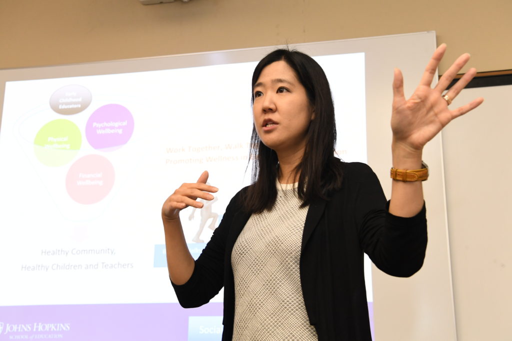 Dr. Lieny Jeon speaks to her class at the Johns Hopkins School of Education