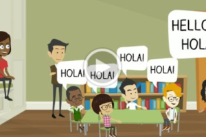 a video screen shot of a preschool classroom with the children saying Hola in response to a little girl saying, Hello is Hola! A teacher and parent watch the class