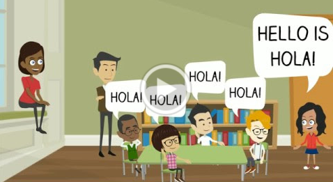 a video screen shot of a preschool classroom with the children saying Hola in response to a little girl saying, Hello is Hola! A teacher and parent watch the class