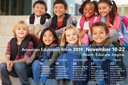 Young children with backpacks and American Education Week calendar.
