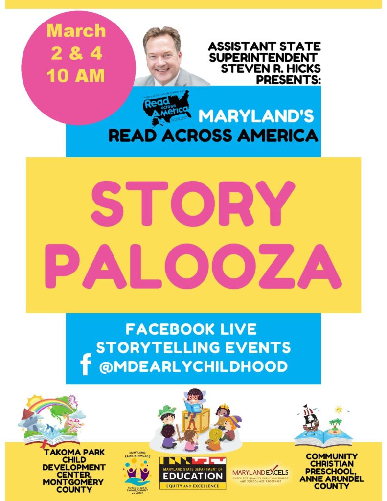 Assistant State Superintendent Steven Hicks with the Read Across America U.S. map., facebook icon, open book with rainbow, children surrounded by a child sitting on a block reading, and an open book with a pirate ship and palm tree.