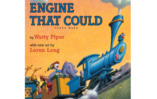 The Engine that Could with a blue train and yellow train car with a clown, elephant, monkey, and giraffes hanging out.