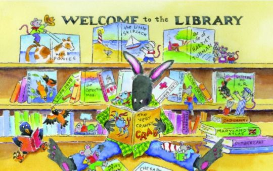 Welcome to the Library with bunny, bird, mice surround by and reading books.
