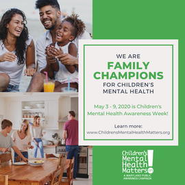 Maryland's Children's Mental Health Matters campaign logo with different families preparing for dinner and enjoying orange juice.