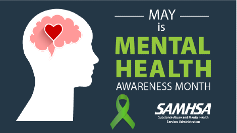 May is Mental Health Awareness Month featuring the side-view profile of a person highlighting the brain and a heart.
